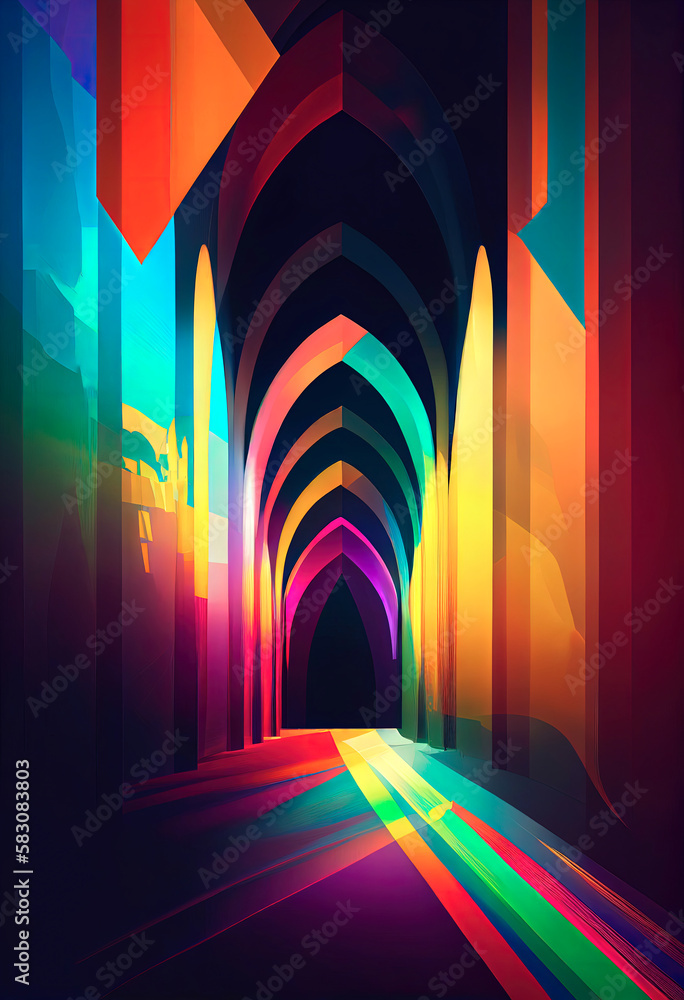 Poster colorful abstract background with arc portal and light effects, ai generation