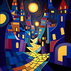 Night cityscape with houses and lanterns. Digital painting style, ai generation.