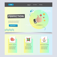 Perfection flat landing page website template. Mental health, focus of attention, processing speed. Web banner with header, content and footer. Vector illustration.