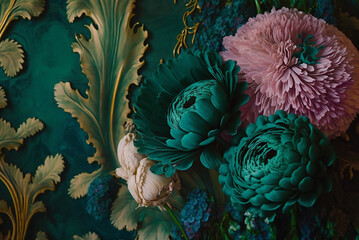 a wallpaper vintage stylish opulent luxurious ornate with anthocyanin - malachite - inspired flowers concept,generative ai.