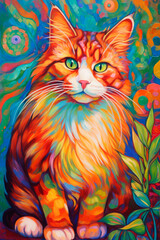 A colorful oil painting of a cute Maine Coon cat. AI generated.