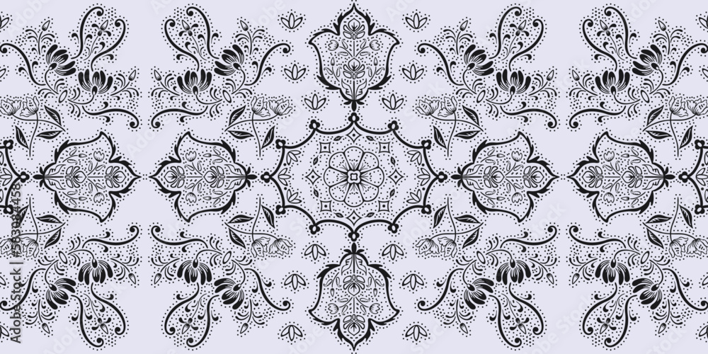 Poster decorative damask style pattern detailed with dots. playful vector drawing.