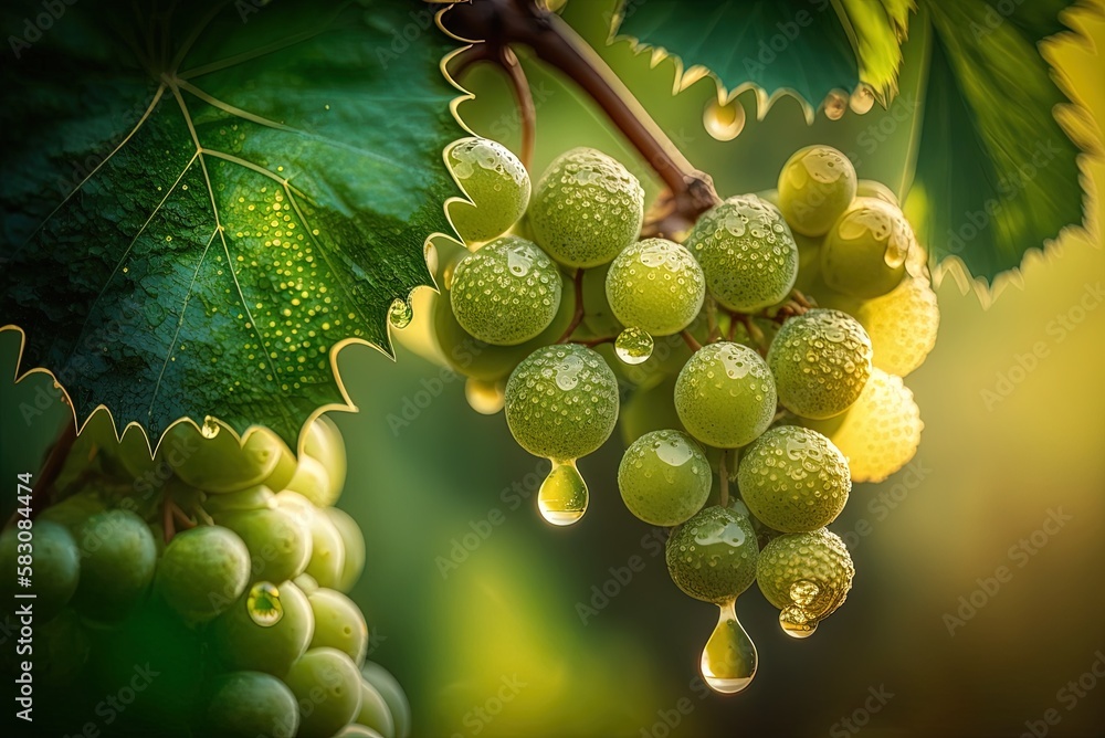 Poster green grapes with water drips on them hanging from a tree in a vineyard. generative ai