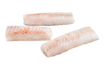 Raw Norwegian cod fish fillet on kitchen table.  Isolated, transparent background. - obrazy, fototapety, plakaty