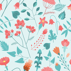 Garden flower, plants, botanical, seamless pattern vector design for fashion, fabric, kids, wallpaper and all prints on green mint background color. Cute pattern in small flower. Small spring, colorfu