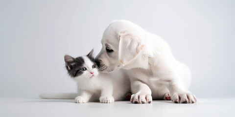 Generative Illustration AI of Labrador Retriever Puppy Giving Kitten a Kiss on White Background
