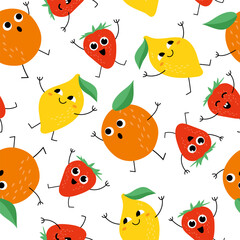 Naklejka premium Cute hand drawn fruits seamless pattern. Cartoon doodle style. Funny characters. Colorful summer print. Orange, lemon, strawberry characters.