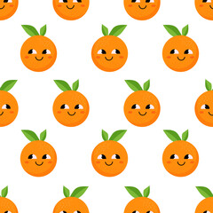 Seamless pattern with cute oranges and leaves with eyes on white nackground. Fruit background