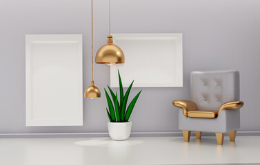 Obraz na płótnie Canvas Room with armchair, flowerpot,golden lamp, empty frames with place for text. Minimalism concept.scandinavian room interior.3d render