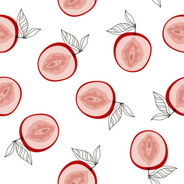 Cute pink vulva apples seamless pattern. Feminists symbol