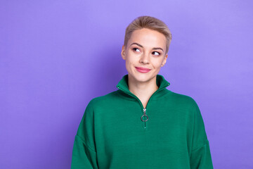 Photo of dreamy cute confident blonde hair lady wear green stylish sweater look mockup want new gift sale advert isolated on purple color background