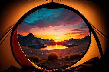 View on the beautiful sunset in the mountains from the camping tent, AI generated