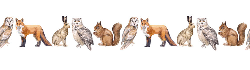 Watercolor border with forest animals on a white background. Illustration of fox, barn owl, hare and squirrel. Design of packaging, textiles, stationery and ceramics.