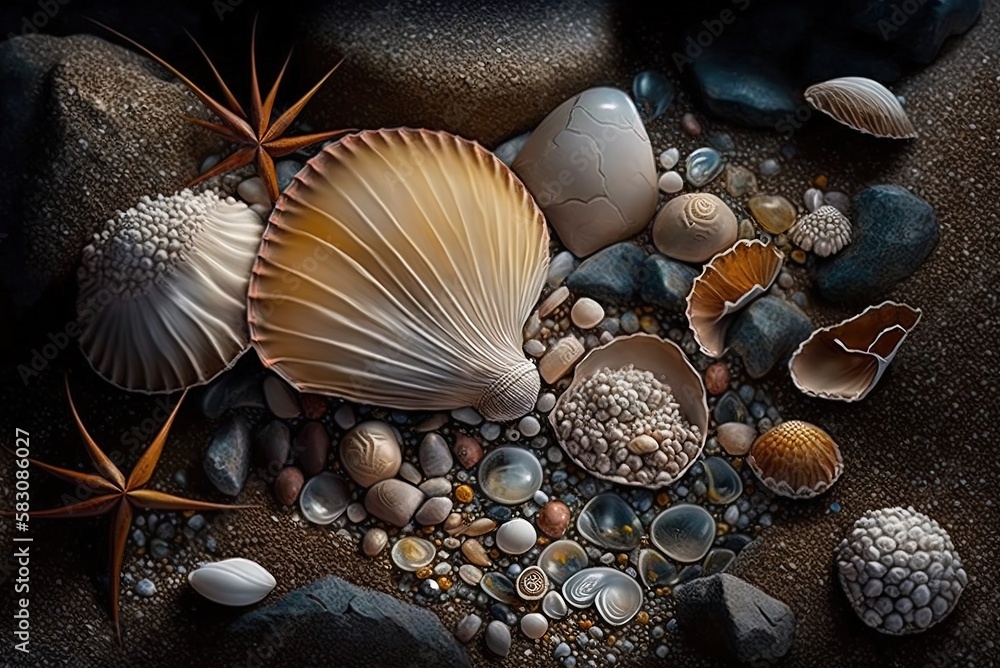 Poster bottom of the ocean with rocks and shells generative ai