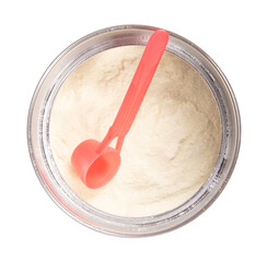 Baby milk powder in can that is open, with a spoon