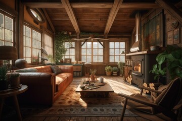 Fototapeta na wymiar interior of a wooden cabin. Generative AI