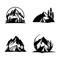 Rustic and adventurous Hand drawn collection set of camping logo silhouettes, perfect for nature lovers and outdoor enthusiasts