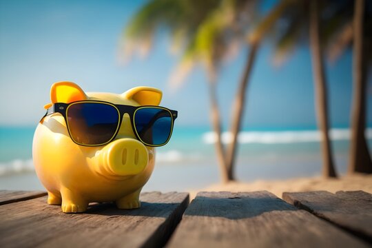 Yellow piggy bank in sunglasses standing on empty wooden table with blurred palms and beach background