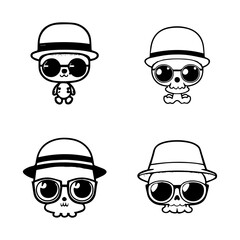 A cool and edgy collection of cute skull characters sporting stylish sunglasses in various poses and expressions. Hand drawn with love
