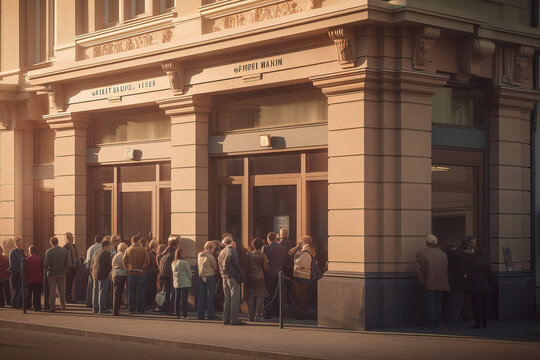 people queuing in a bank building - bankruptcy
 - bank crash - AI Generated
