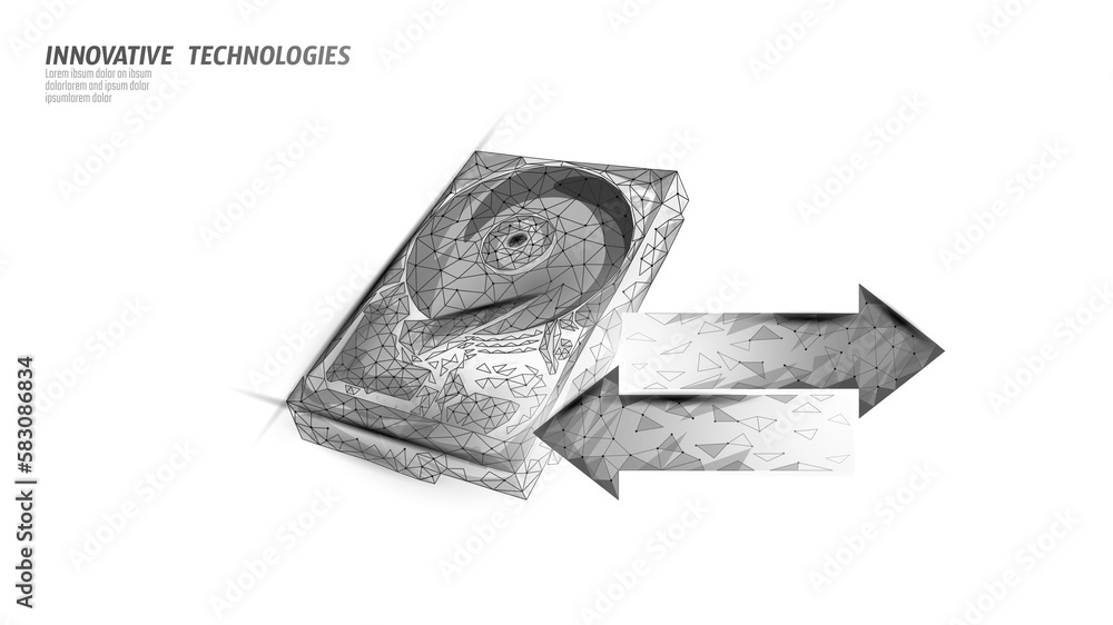 Poster hdd hard disk drive file hardware. 3d low poly information storage record system it technology compu