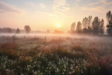 Beautiful sunrise over a misty meadow in summer morning	created with AI