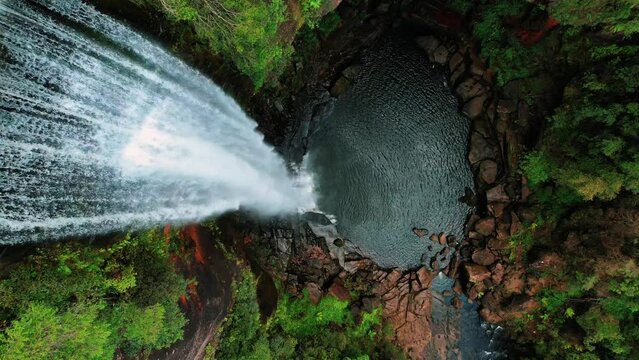 Belmore Falls, Australia, Drone Descends into Falls and Pool Below