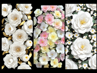 bouquet of white roses, flowers on black, abstract beautiful spring flowers, illustration with Generative AI