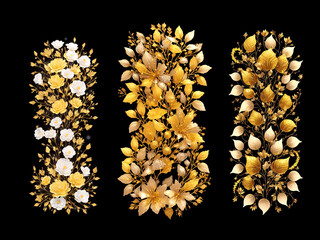 golden floral ornament, flowers on black, abstract beautiful spring flowers, illustration with Generative AI