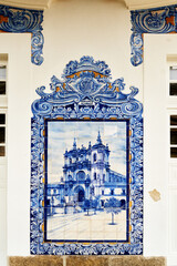 panel of azulejos tiles on the facade of old railways station in Aveiro, Portugal
