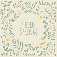 Hello spring floral composition. Simple pastel seasonal design. Flat vector illustration for card, invitation, banner, flyer, poster