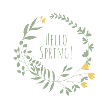 Hello spring floral composition. Simple pastel seasonal design. Flat vector illustration for card, invitation, banner, flyer, poster