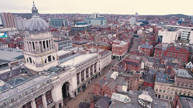 birds-eye view of the accommodations and other buildings in Nottingham city center, United Kingdom. High quality 4k footage
