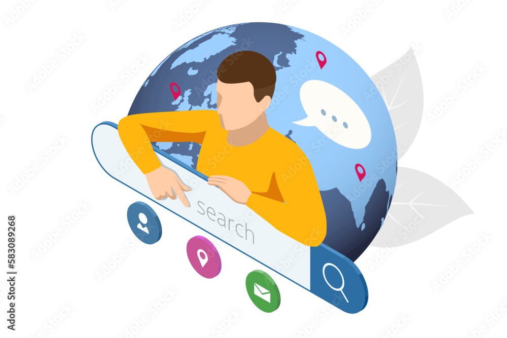 Poster isometric search online. searching browsing internet, data information , networking. modern menu for