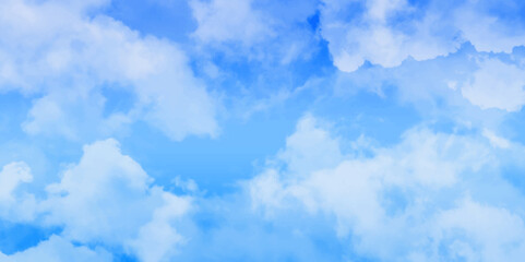 Panorama of blue sky with white clouds. Sky clouds landscape light background . White cumulus clouds formation in blue sky. sunny heaven landscape, bright cloudy sky view from airplane, copy space.