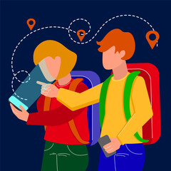 TRAVELING PEOPLE Young Man And Woman With Backpacks Choose A Route In Smartphone Internet World Map. Vector Illustration In Flat Style On A Dark Background