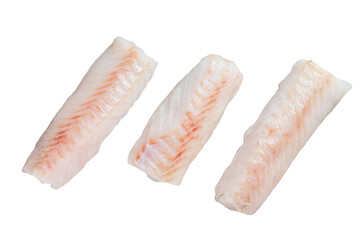 Raw Norwegian cod fish fillet on kitchen table.  Isolated, transparent background.