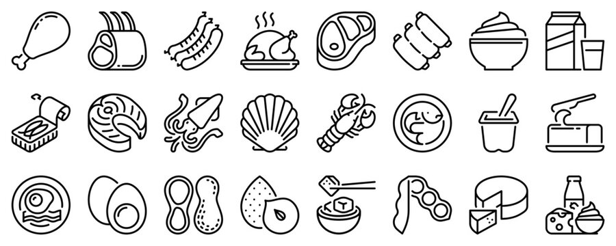 Line icons about protein on transparent background with editable stroke.