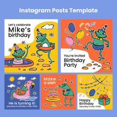 BIRTHDAY IG POST FROGS Cheerful Amphibians With Cake And Gift Invites Friends To A Party Cartoon In Flat Style And Your Text Square Templates For Social Media