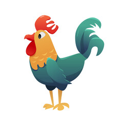 Bright and Comic Rooster Isolated. Cute Poultry. Vector Illustration in Cartoon Style.