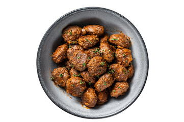 Fried Meatballs in tomato sauce from ground beef and pork meat.  Isolated, transparent background.