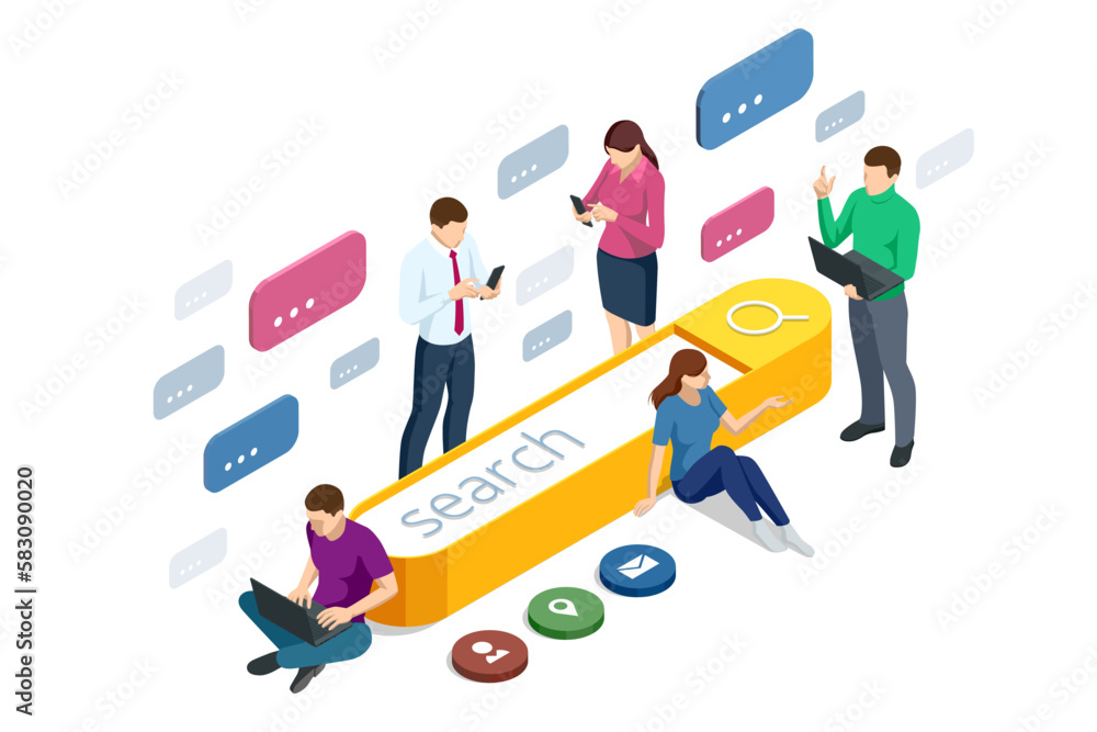 Poster isometric search online. searching browsing internet, data information , networking. modern menu for