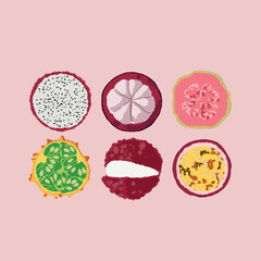 Summer fruits. Textured exotic Background. Flat fruits. Exotic citrus. Exotic collection fruits. 