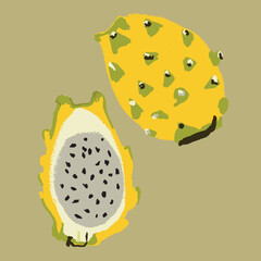 Yellow dragon fruit. Textured exotic Background. Flat fruits. Exotic citrus.