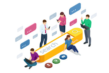 Isometric Search Online. Searching Browsing Internet, Data Information , Networking. Modern Menu for Sites and Apps. People Searching Job.