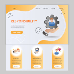 Responsibility flat landing page website template. Positivity, responsibility, sentivity. Web banner with header, content and footer. Vector illustration.