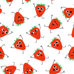 Seamless pattern with kawaii berries. Cheerful design for kids clothes with cute strawberry characters on white background