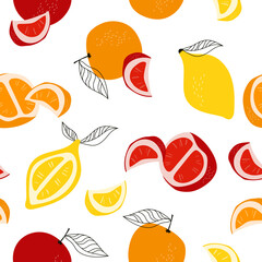 Seamless pattern with mix of citrus fruits, Mandarin, orange, lemon, graipfruit background.