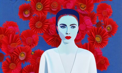 Pop Art Woman with Red Flowers Blue Background Illustrated Abstract Generative Ai Illustration