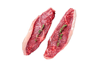 Uncooked Raw top sirloin cap or rump beef meat steaks on a butcher knife.  Isolated, transparent background.